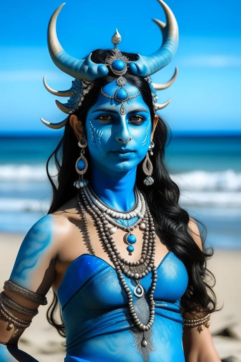 A photo of a blue skin Hindu goddess with painted blue skin, wavy black hair deer antlers standing on a sunny beach