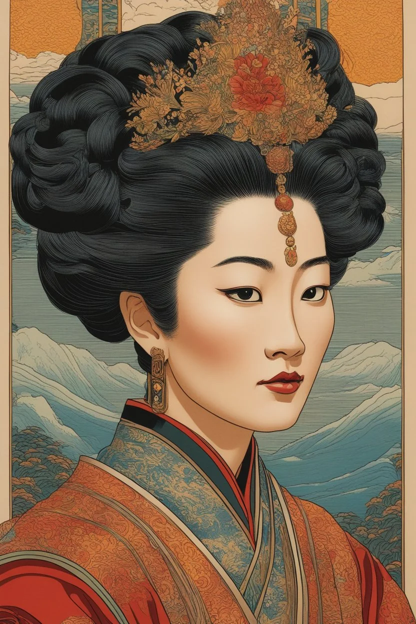 museum quality color woodcut of an ancient Chinese queen with highly detailed hair and facial features , in the style of Gustave Baumann, with a fine art aesthetic, highly detailed, finely cut ,8k render,no tattoos on the face