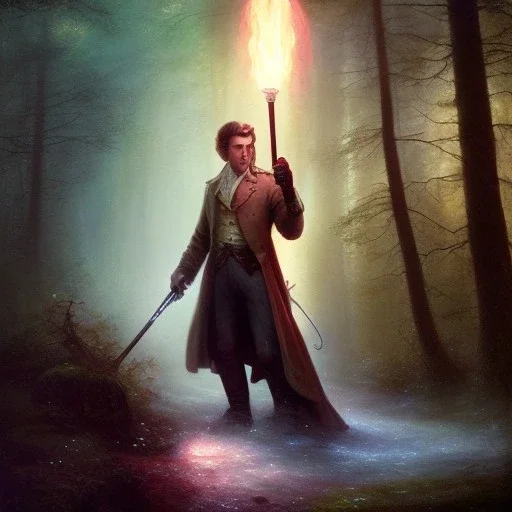 romantic fantasy spray painting, william Turner, watercolor, close up on dark robed poet holding torch in magical forest