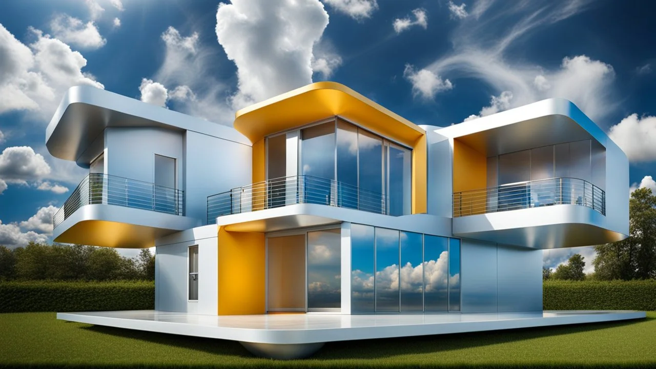 floats in sky between big clouds a high photorealistic futuristic unique metal house , high textures, blue sky, sunshine, Professional photography, bokeh, natural lighting, canon lens, shot on dslr 64 megapixels sharp focus, stunnig