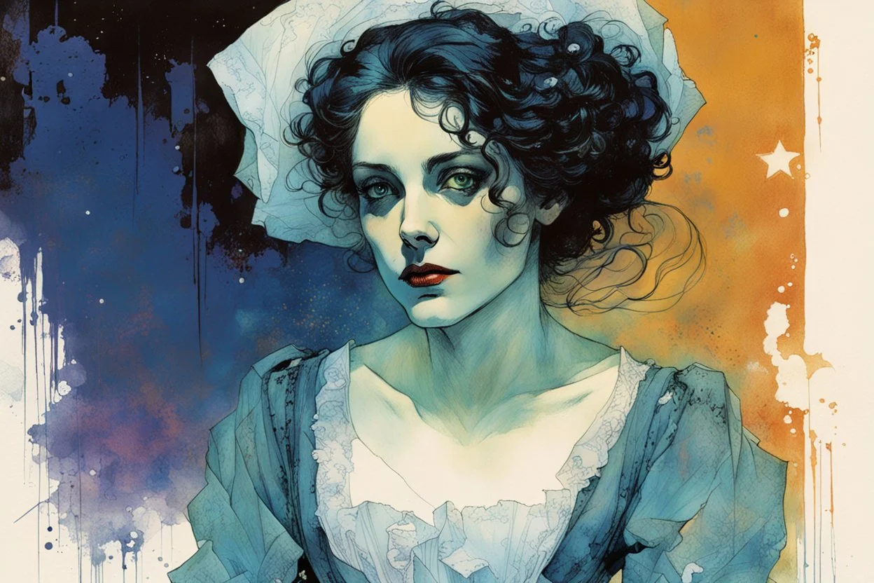 create an imaginative drawing of the pale translucent ghost of an Parisian female fortuneteller, clothed in tattered and ragged Napoleonic period dress, with finely detailed hair and feminine facial features, in the comic book art style of Bill Sienkiewicz, Mike Mignola, and Jean Giraud Moebius, finely textured, drawn, colored, and inked, suffused with seething ethereal shadows in a darkened parlor