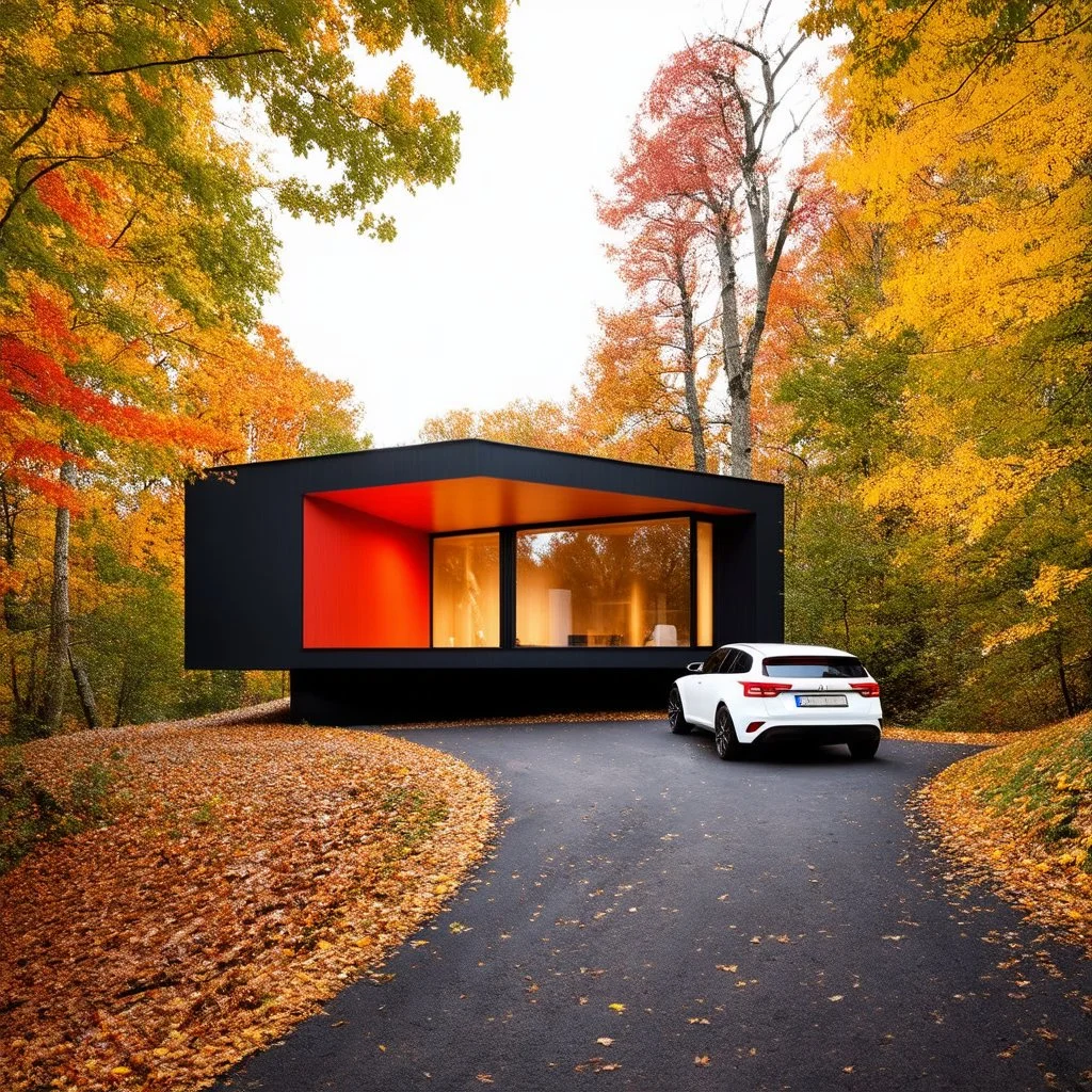 Cozy retreat, futuristic modern house in an autumn forest of vibrant colors. Contemporary design, clean lines and large windows, radiate a feeling of warmth and comfort. A white car parked on the winding road that leads to the house gives a touch of modernity to the rustic surroundings. The path is scattered with leaves. Around the house, mix of green, orange and yellow foliage. 8k