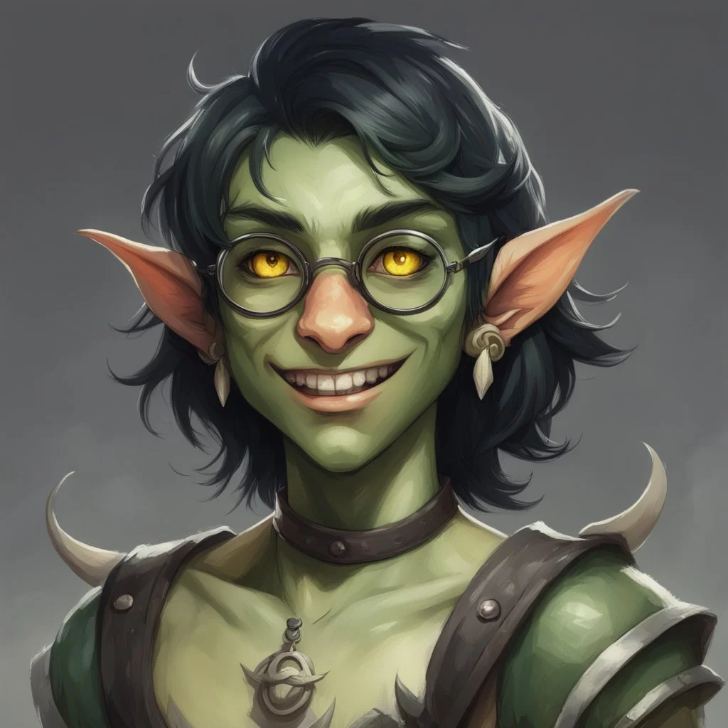 dnd, portrait of cute young orc-elf hybrid femboy, black hair, short hair, curled hair, hair covering one eye, emo hair, round glasses, tusks, sharp teeth, yellow eyes, flat chest, mage, magic, nose ring, pierced ears, twink, smile, sharp teeth, green skin