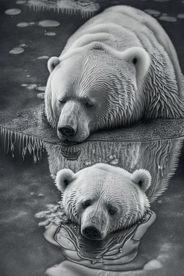 polar bear melting into a puddle, hyper-realistic photography, detailed expression of agony, hyper-realistic fur and anatomy details, Takeshi Kawano style, engraved fur details, anatomically correct animal, dark colour tone, epic colour treatment, cinematic colour treatment, meticulously intricate perfectly symmetrical extremely detailed, pixiv daily ranking, pixiv, extreme depth of field, artstation, sculpture style, spectacular details, volumetric lighting, masterpiece, cinematic, Hollywood pr