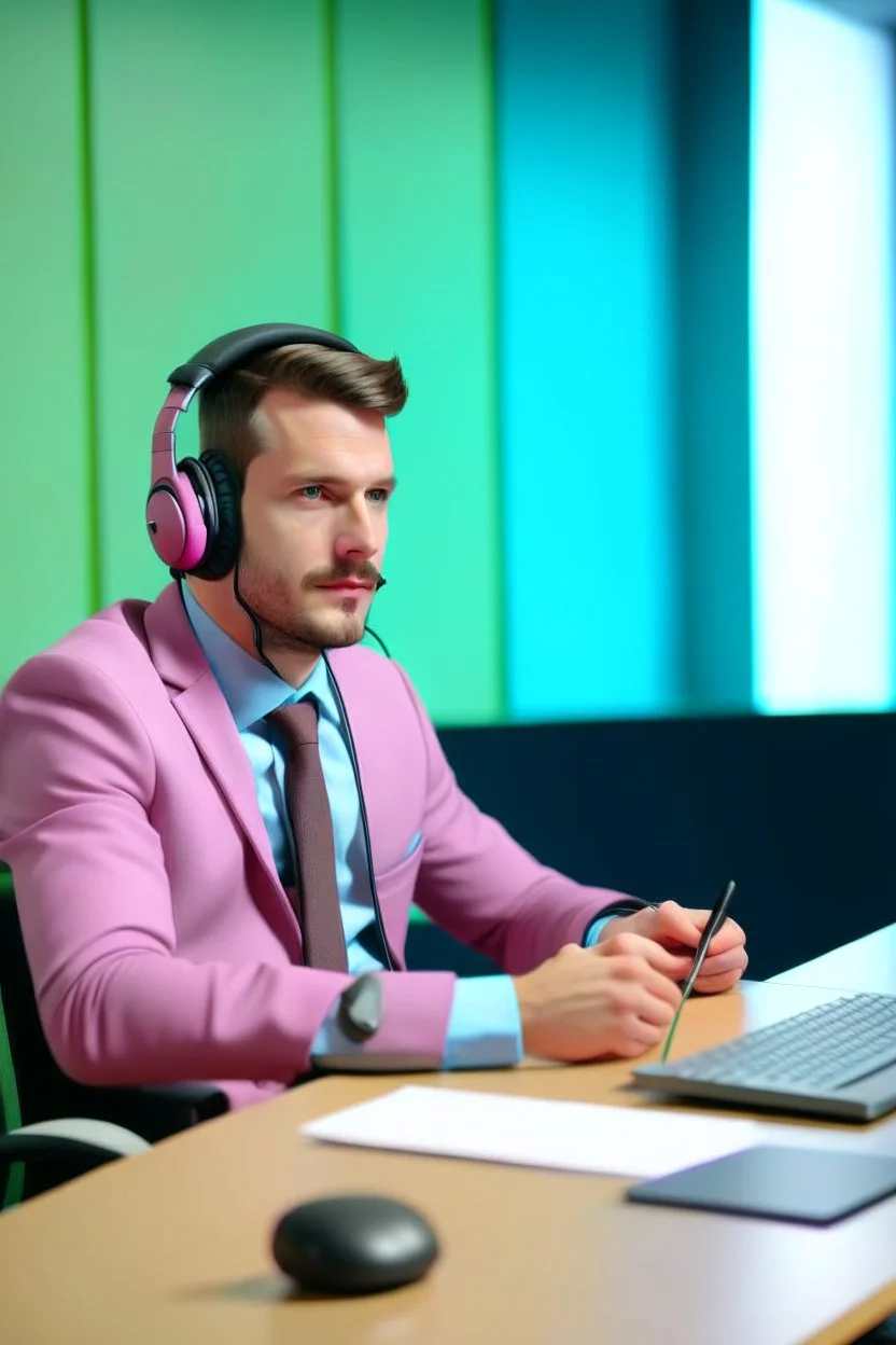 A simultaneous interpreter is sitting at a table with headphones with a microphone on his headphones at a foreign briefing, the background is blurred, everything is in pastel colors,