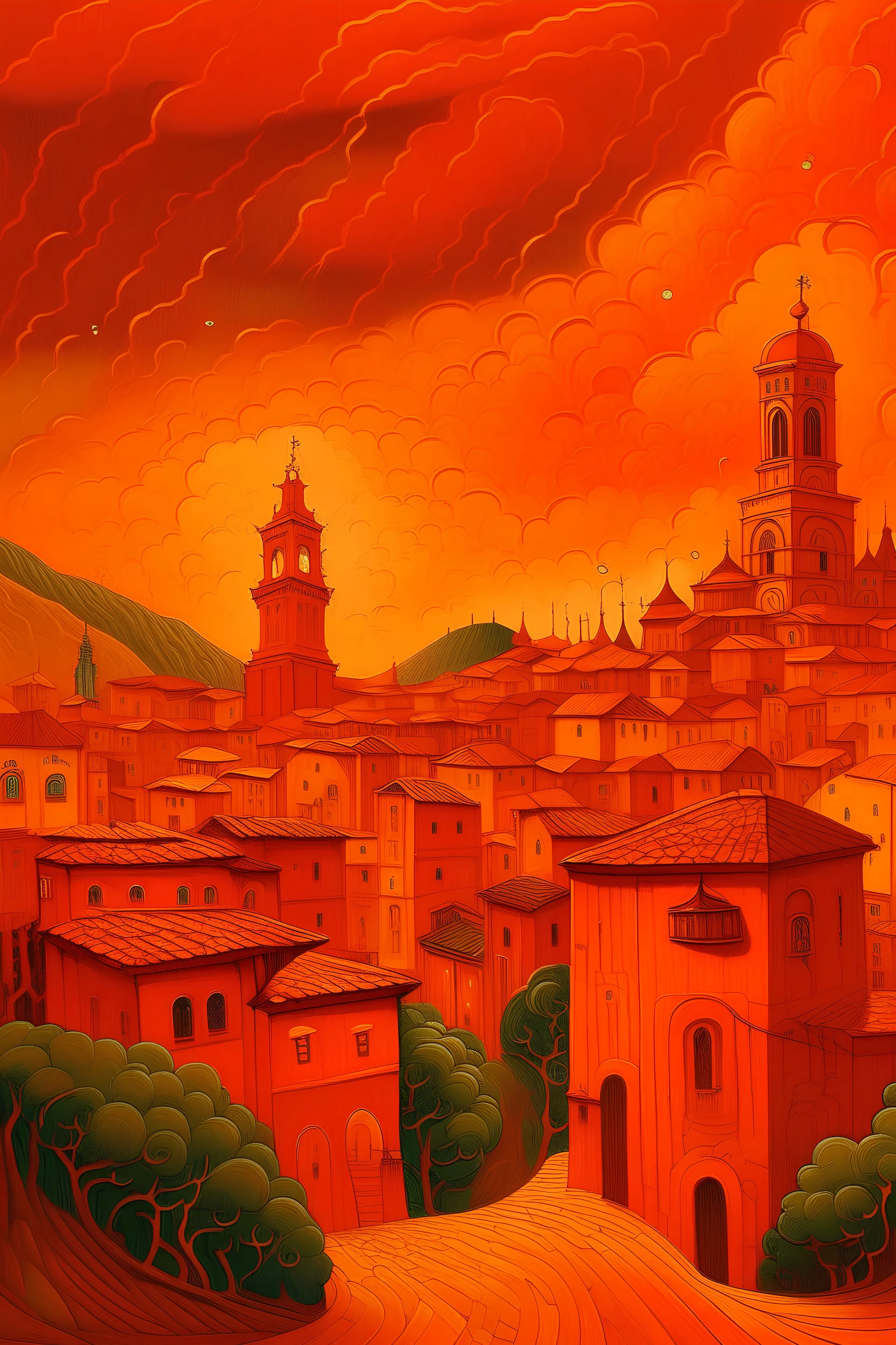 An orange colored city in a lightning storm designed in Maori sculptures painted by Paul Ranson