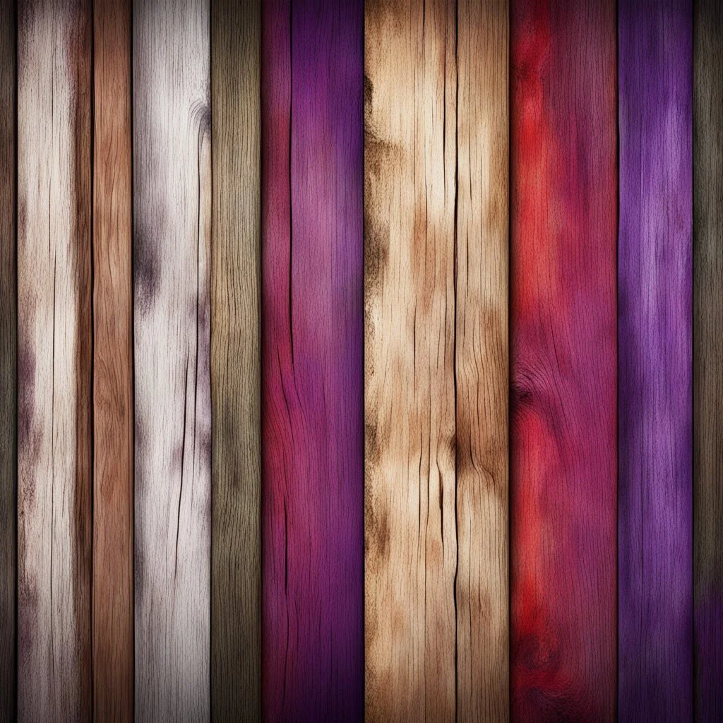 Hyper Realistic red, brown, black, golden, purple & white multicolor grungy rustic texture on wooden planks with vignette effect