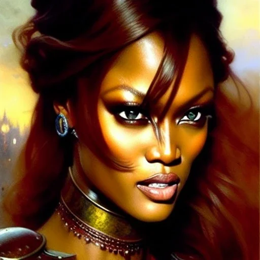 portrait beautiful face Tyra Banks, busty,ancient metal armor balanciaga fashion clothe painting by gaston bussiere, greg rutkowski, yoji shinkawa, yoshitaka amano, tsutomu nihei, donato giancola, tim hildebrandt, oil on canvas, cinematic composition, extreme detail,fit full head inside picture,16k