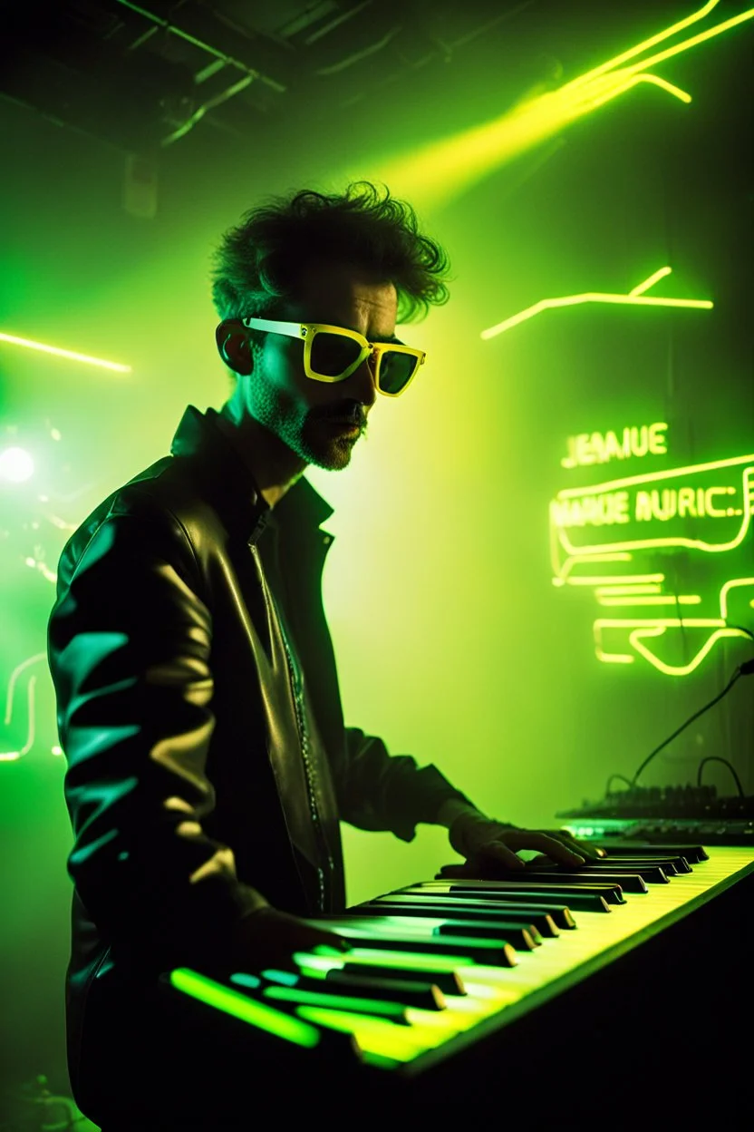 French cool synth player, he is called "Jean-Maurice Brûlée" performing at dance club, his name is "Jean-Maurice Brûlée" , white and yellow Neon lights and yellow smog, and "URANIUM" big sign on the wall, he is playing on synthesizers on stage with lot of laser beams and wearing black sunglasses, an earth is projected in background
