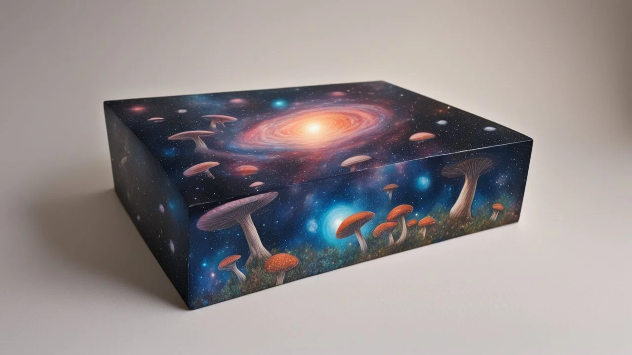 a box 10 cm long by 5 cm wide and 25 cm high, drawn on a box on all sides, butterfly nebula, mushrooms, space, tress, planets, realistic