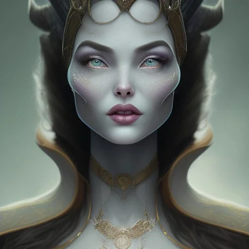 Portrait of old wiched " enchantress Morgan" with and mid-12th century elegant apparel.extremely detailed face,black clear Big eyes,perfectly centered image,intricate detail.korra character face style.and Kilian Eng art color. with black maleficent style horns