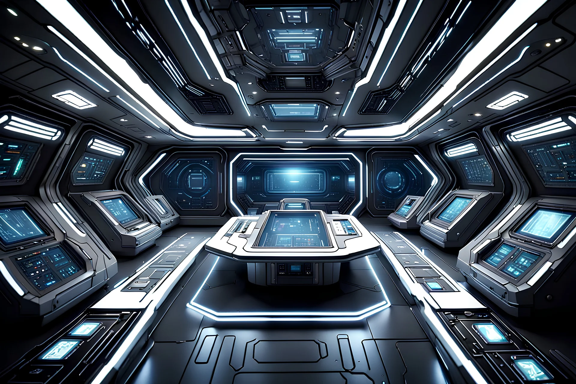 The wide shot captures the interior of a square spaceship's navigation room. This futuristic and elegant room lacks windows, enclosing its occupants in complete darkness. The image, probably a digitally rendered artwork, showcases intricate details with high precision. The sleek and modern design of the room creates a sense of advanced technology, while the absence of windows underscores the isolation and mystery of deep space exploration.