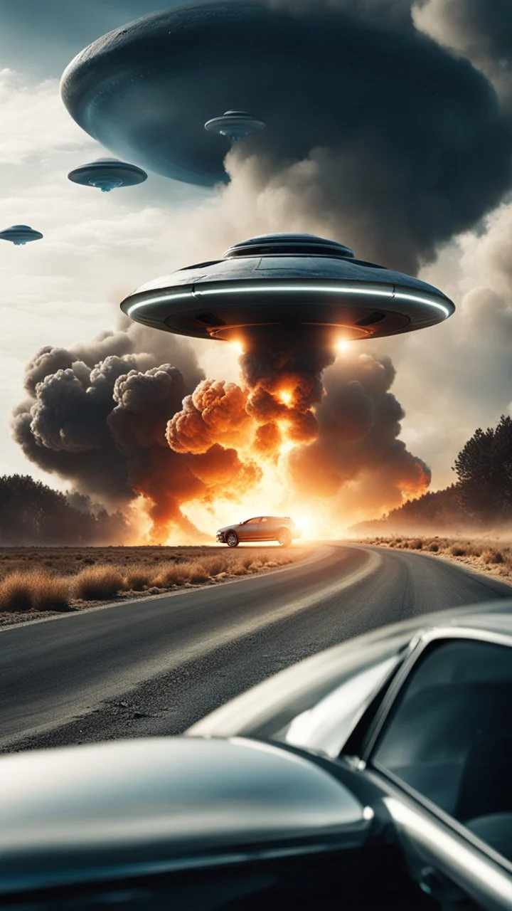 The image shows a photograph with a science fiction theme. Reflected in a side-view mirror, we see a car with passengers, driving on a desolate road. In the background, a large UFO hovers in the sky while multiple explosions erupt in the distance, sending up clouds of smoke and fire. The mirror's border frames this chaotic scene, juxtaposing a calm, seemingly oblivious drive with the dramatic events unfolding behind.