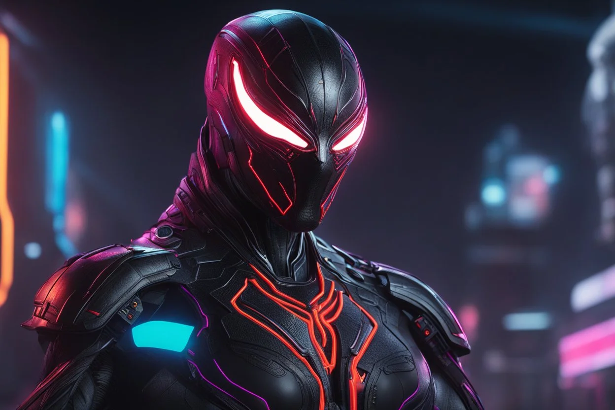 Machine symbiote in 8k cyberpunk drawing, jhin model, Halloween theme, neon lights, intricate details, highly detailed, high details, detailed portrait, masterpiece,ultra detailed, ultra quality