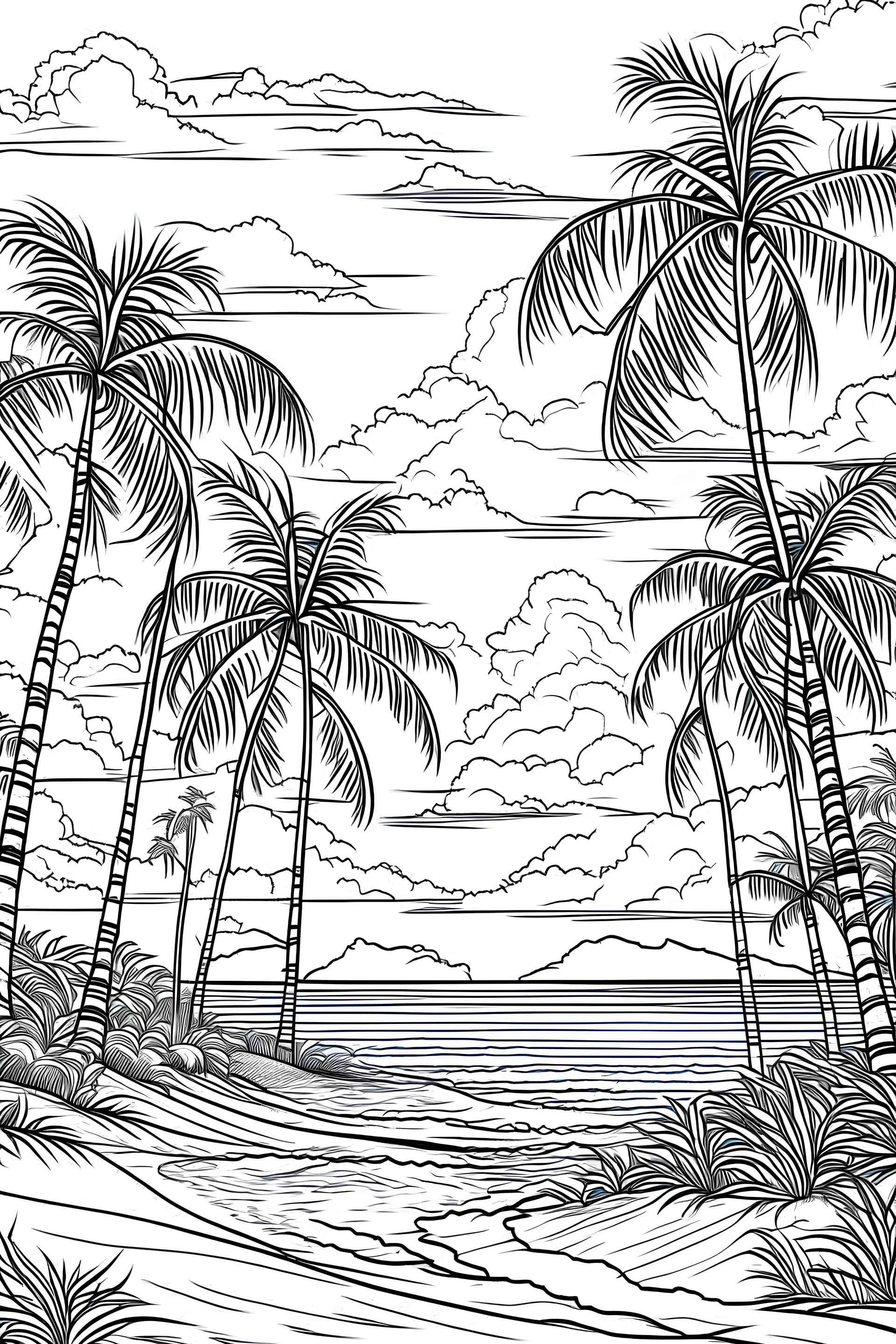 beach with palm trees monochrome line art