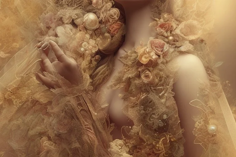 double exposure, merged layers, Beautiful composition of different fabrics, embroidered tulle with jewels, lace and raw pearls, silk, velvet, burlap, double exposure, heart, waterfall, golden glitters in sunshine