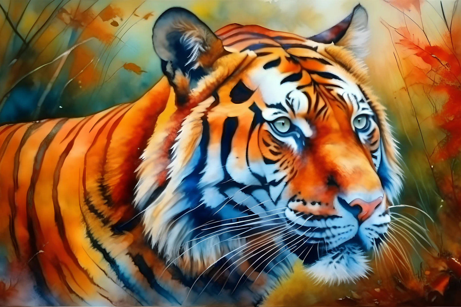 Watercolor painting of Portrait of majestic red tiger in Autumn Fall, oil paintings landscape