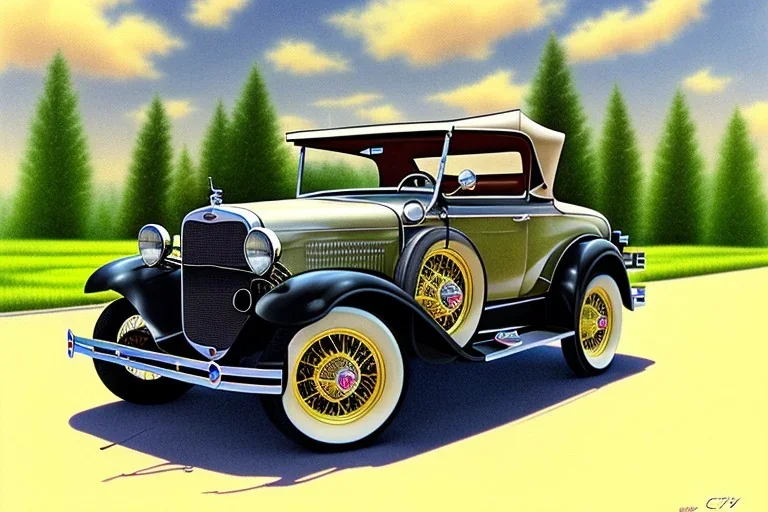 a true-to-life 1930 ford model a phaeton, classic wheels, centered, intricate, extreme detailed, photorealism, center view, suburb background, pivot on ford, pen and color marker, painting by cheryl kelley