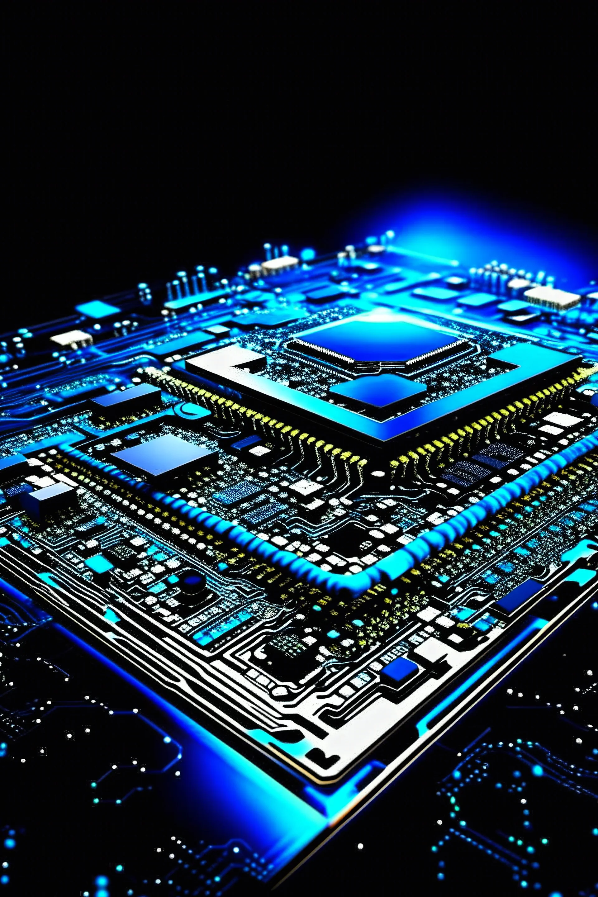 A computer chips and electronic components are connected byvneyrons space blue sky