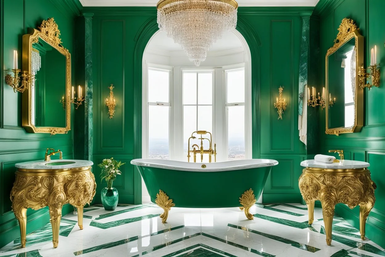 Malachite bathroom with a white marble bathtub on gold baroque legs, a marble sink with a gold vase faucet, and a gold-framed oval mirror with a gold towel holder, in an eccentric, luxurious style, high fetailed, cinematic