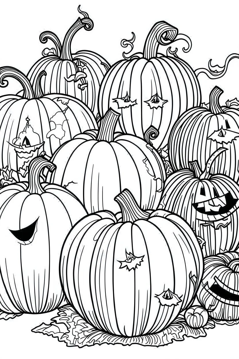 A spooky pumpkin patch with Jack-o'-lanterns of different sizes . Outline, sketch style, only use outline, mandala style, clean line art, white background, no shadows, no clear wall, coloring page.