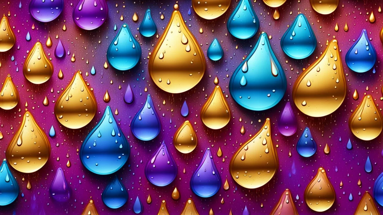 Hyper Realistic Blue-Rain-Drops on golden-maroon-&-purple groovy-retro grungy-backgrounds