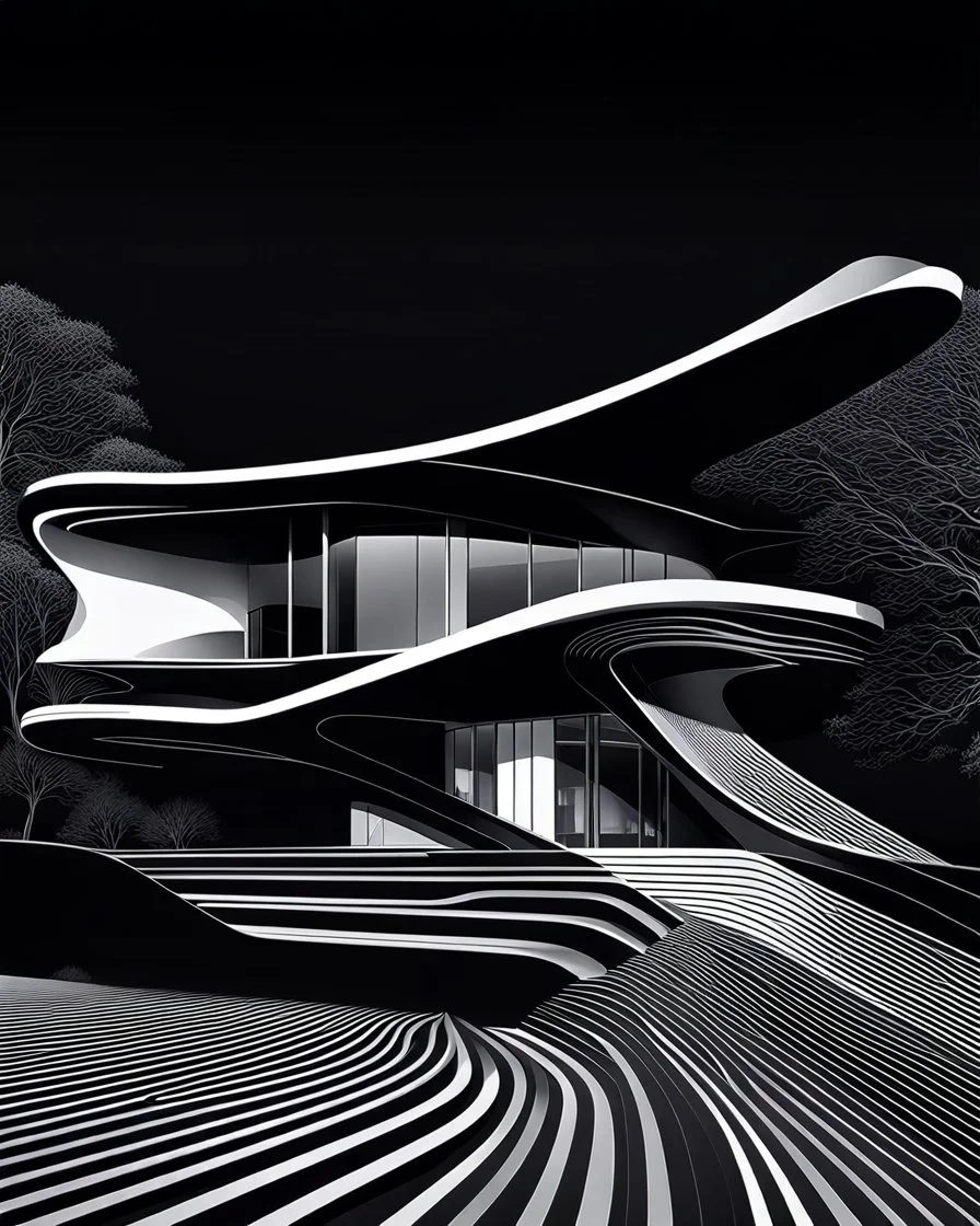 Casa campestre estilo Zaha Hadid, аrte lineal, fondo negro, cuerpo completo retrato