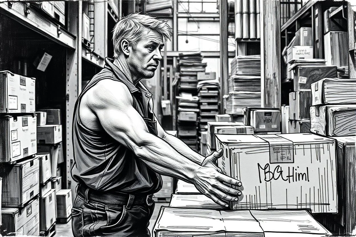 a working man (light swedish hair) pushing objects in a factory, sweating really hard, muscles are exploding, the man have worked through years of day and night never ending, black and white hard marker painting rough style, he pushing boxes and ibc