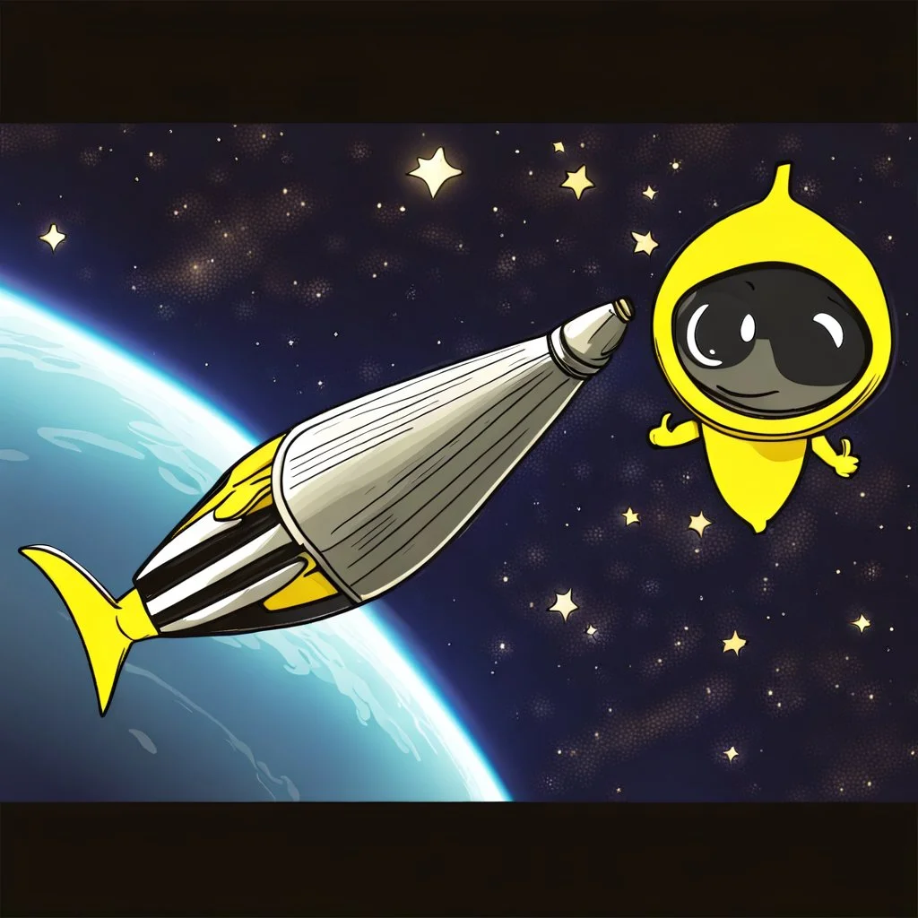 draw cartoon yellow banana as starship flying in space.