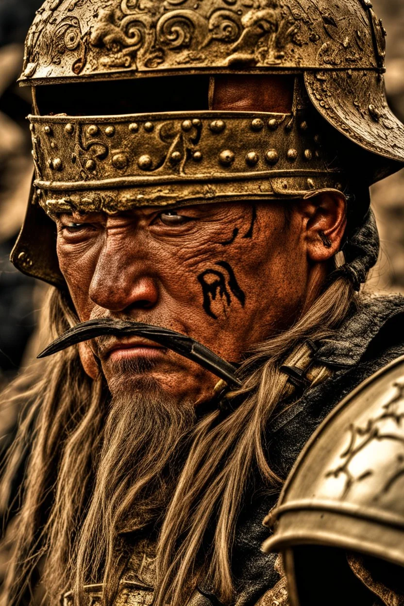 Close-up of a warrior the 1200s and a Mongol warriors, strong athletic build, in battle gear. HDR --s 1000