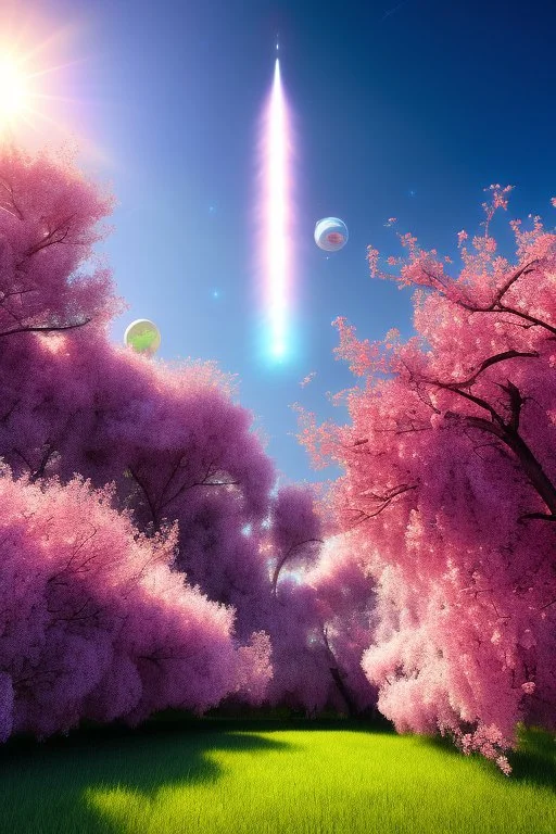 digital illustration, a world full of life divine thrill of biological tranquil sky, flowers, spaceship, bright color splashes, high detailed 8 k,ufo rainbow