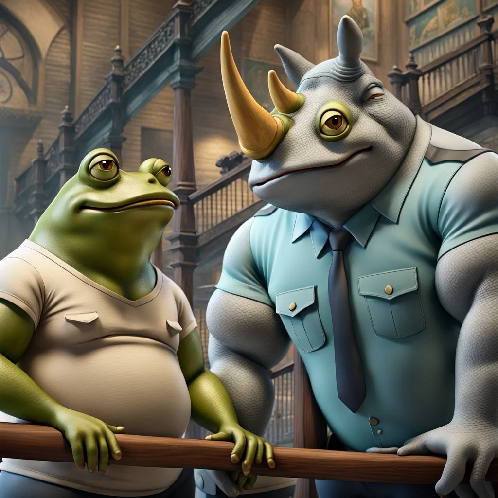 close up 3d illustration very fat yellow and green color big anthropomorphic frog in simple t-shirt and pants stands close and elbowing on an old wooden railing next to each other and talking with a strong gray color anthropomorphic rhinoceros without horns in modern security guard clothes, they talking and elbowing on an old wooden railing next to each other, in background a bibliothek with tall book shelves, detailed sci-fi, fantasy mood