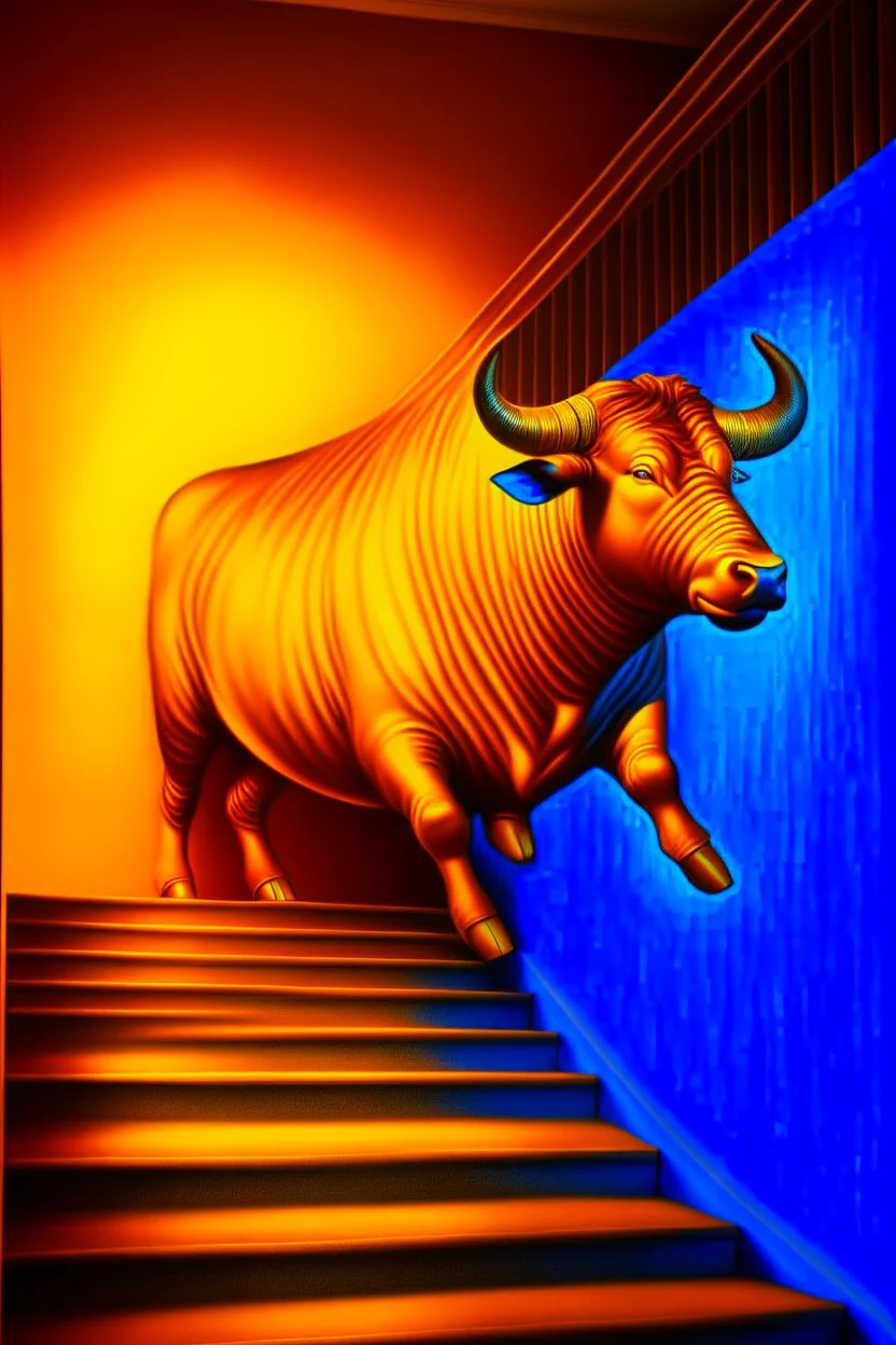 senile bull, spray paint, photo realism, trending on art station, 8k, depth of field, down light, light rays, volumetric, reflective spiral staircase, blue, yellow, golden brown and orange