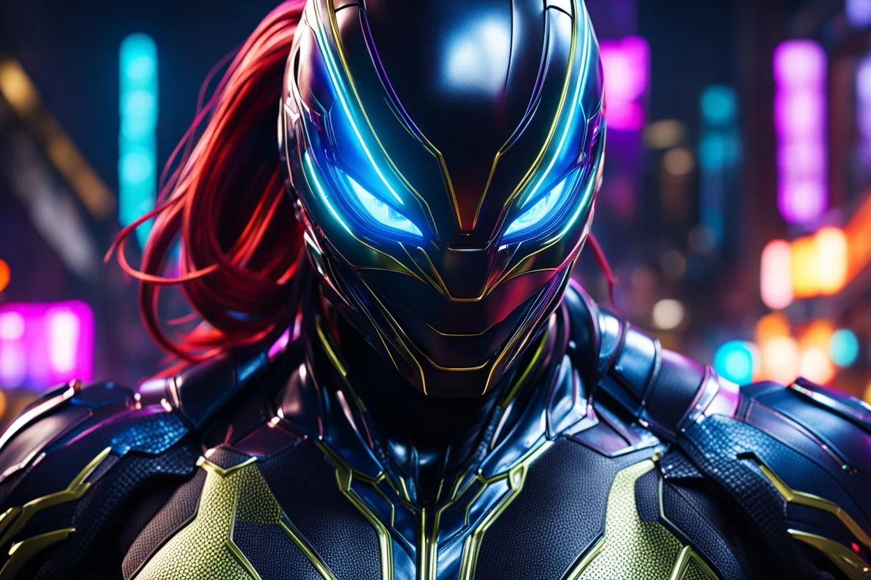 Silk venom in 8k cgi game artstyle, cover face, dynamic pose, oshare kei, hurufiyya, rtx , neon lights, intricate details, highly detailed, high details, detailed portrait, masterpiece,ultra detailed, ultra quality