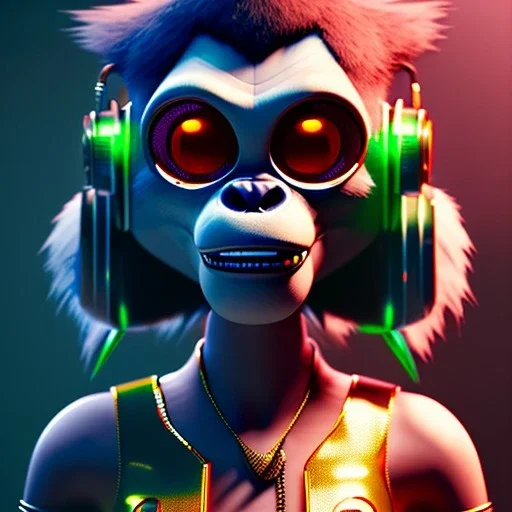 Mystery gorillaz cyborg noodle, Ambiance dramatique, dramatic lighting, volumetric lighting, concert background, hyperrealisme, 8k, high quality, lot of details, fit within portrait