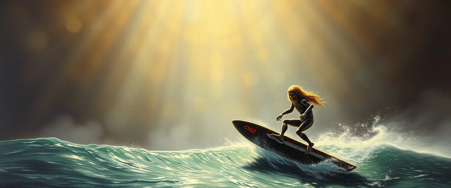 master oil painting by Rembrandt, vocalist viggo sandvik as insane eel wild ginger robot on surfboard, goa trance glitch poster, background motion blur, volume fog with light rays