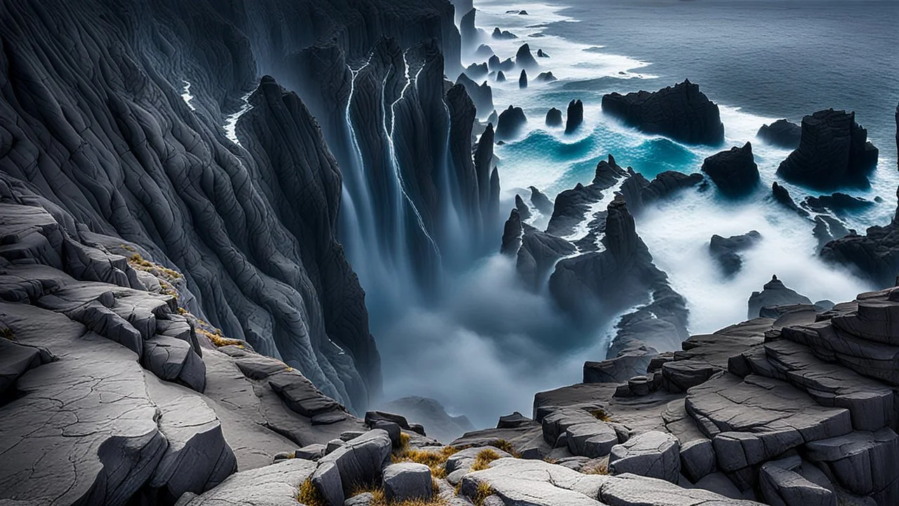This mesmerizing ocean cliff scene captures the dramatic power and beauty of nature. Towering rugged cliffs stand majestically against the vast expanse of the ocean, where the water pours into a singular bottomless pit. The cliffs, with their sharp and jagged edges, create a stark contrast to the rough, flowing water, making the scene even more captivating. Sunlight pierces through the mist rising from the waterfalls, creating a magical, ethereal atmosphere