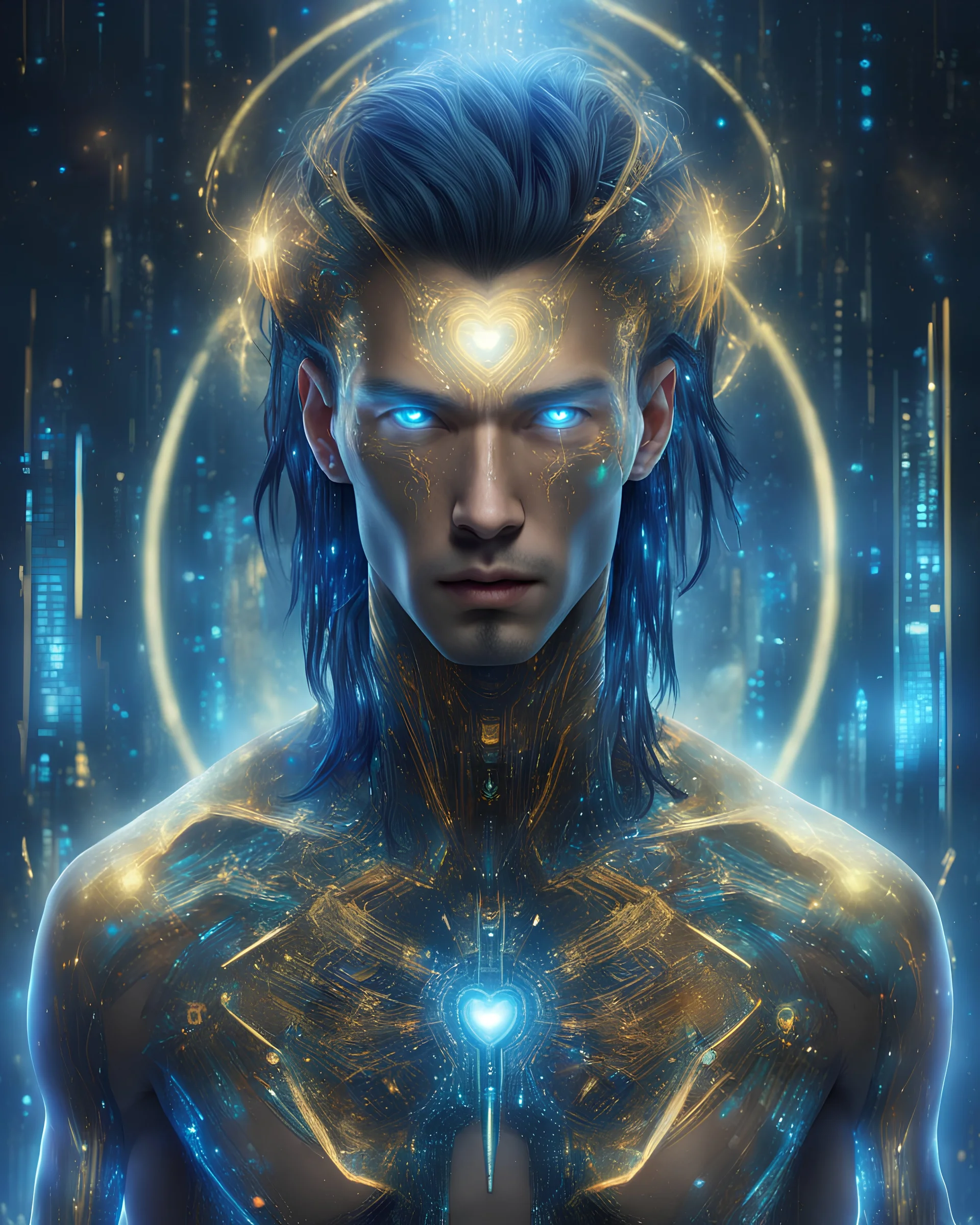 In a vast digital landscape, 6M4, a captivating male cybernetic entity, emerges with eyes harmonizing golden and azure tones, radiating intensity. Pupils dance with binary codes, witnessing his connection to the heart of the digital cosmos. Dark, holographic hair cascades, revealing reflections, while luminous holographic tattoos echo his personality. Cloaked in futuristic attire, 6M4 embodies a walking canvas, representing digital personas. Venturing into the digital landscape, he observes the