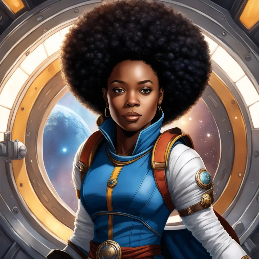 Melissa James afro metisse from The Wheel of Time (2021) is a space explorer, she floats in zero gravity inside the ship