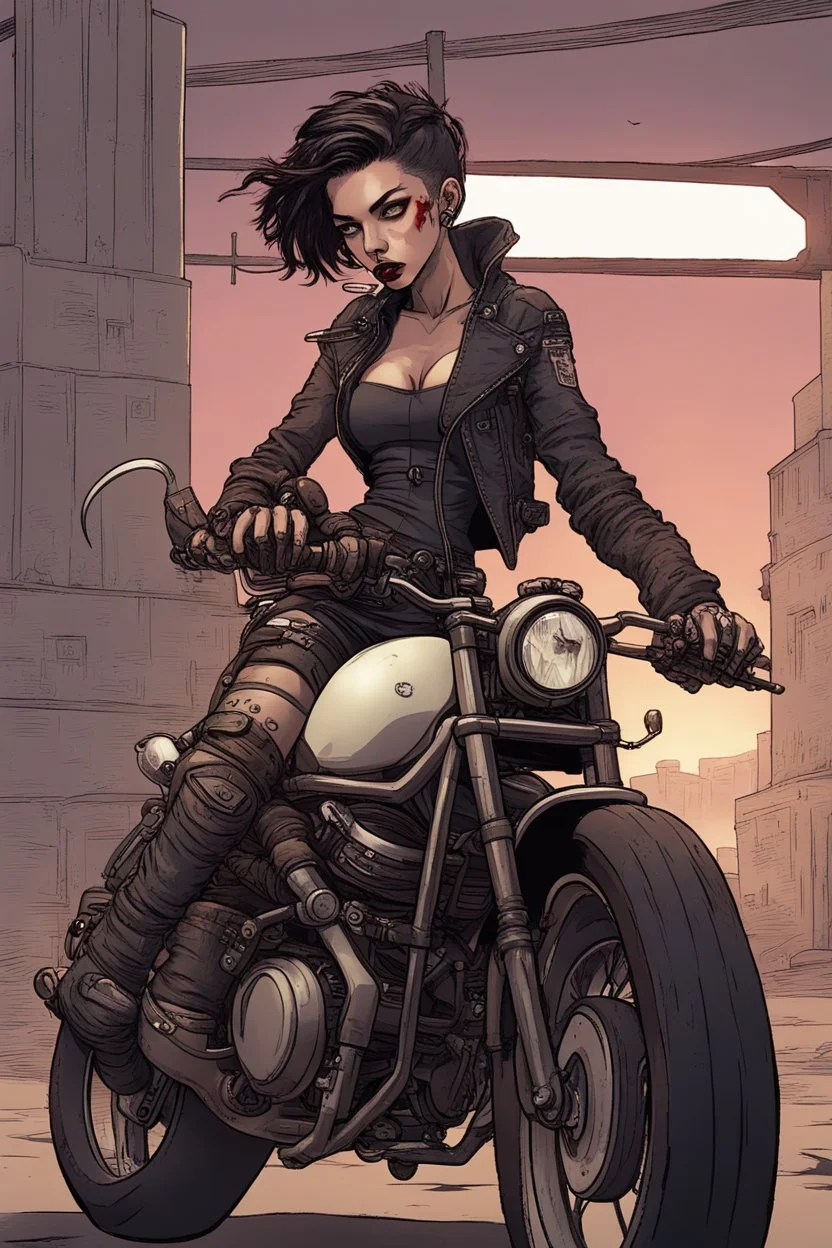 vampire girl showing fangs with short cropped cyberpunk hair riding a cafe racer motorcycle in a post apocalyptic wasteland at dawn