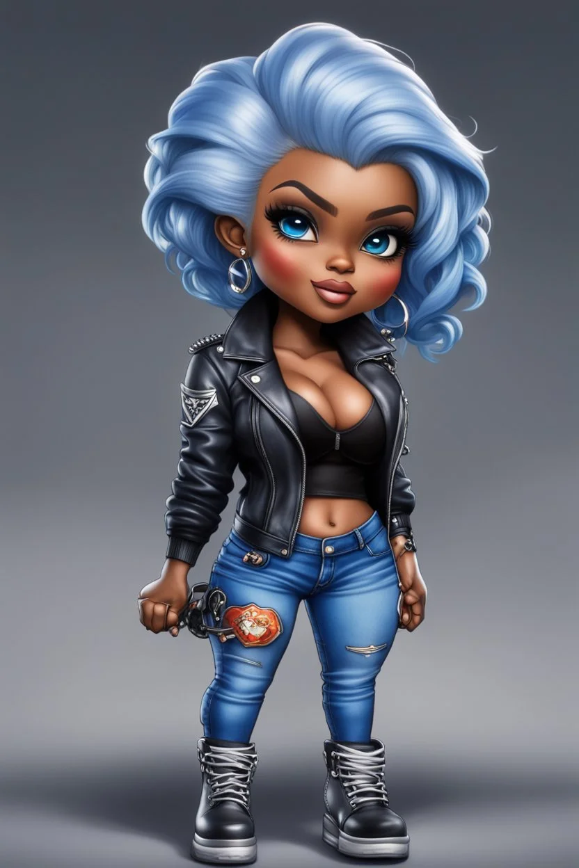 create an airbrush illustration of a chibi cartoon voluptuous black female wearing a blue jean outfit with biker boots. Prominent make up with hazel eyes. Extremely highly detail of a very low platinum blonde pixie haircut. Background of a bike show.