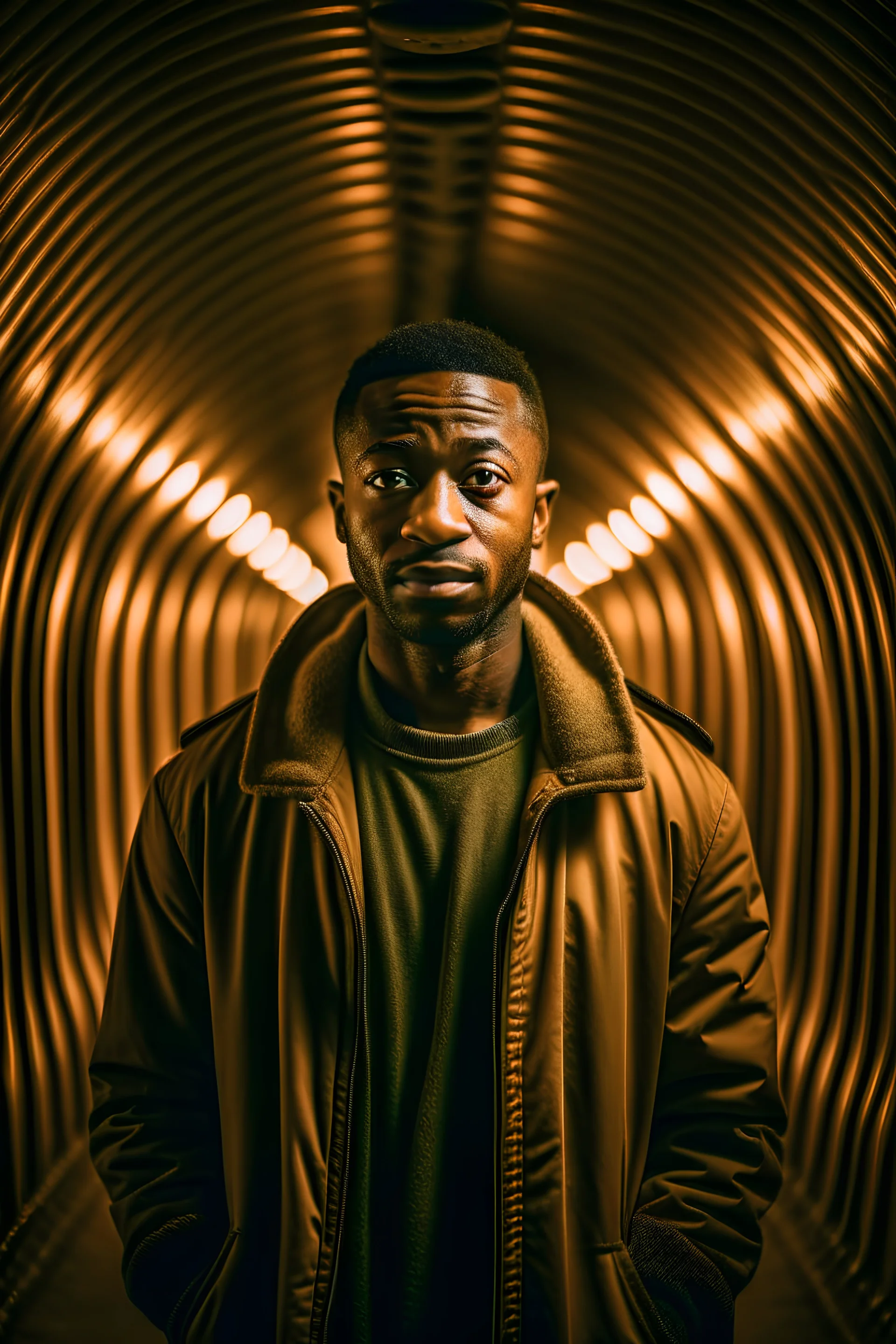 a man in a jacket standing in a tunnel, in the style of portraits with soft lighting, harlem renaissance, jagged edges, uhd image, drugcore, portraitist extraordinaire