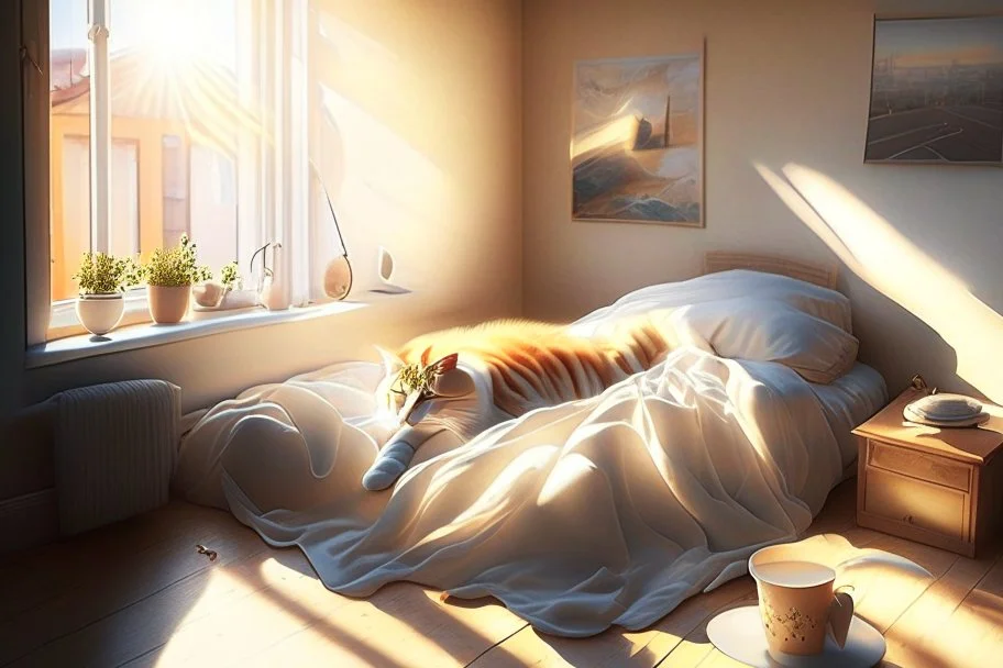 Lifelike cat-shaped bed with a cat lying on it in an elegant bedroom, bedside table, window, pictures on the walls in sunlight.