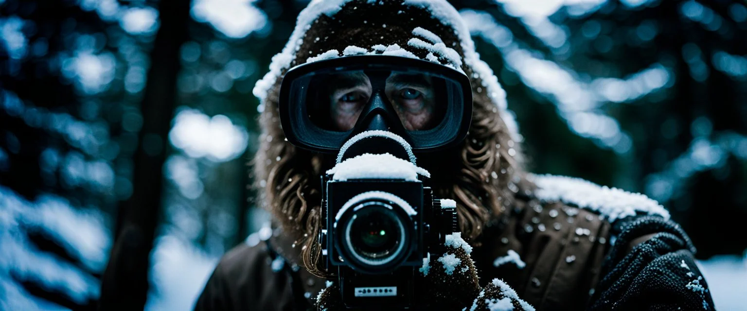 close up documentary photography, Yeti, Bigfoot, Yeti Scientist, Dystopian, Japanese, Extreme depth of field, bokeh blur, winter, blizzard, Alberta, all-natural, in the style of candid, imperfection, natural lighting, Professional shot, shot on Agfa, Fuji Film, Anamorphic lens, 1980s, --ar 4:5 --w 150 --style raw