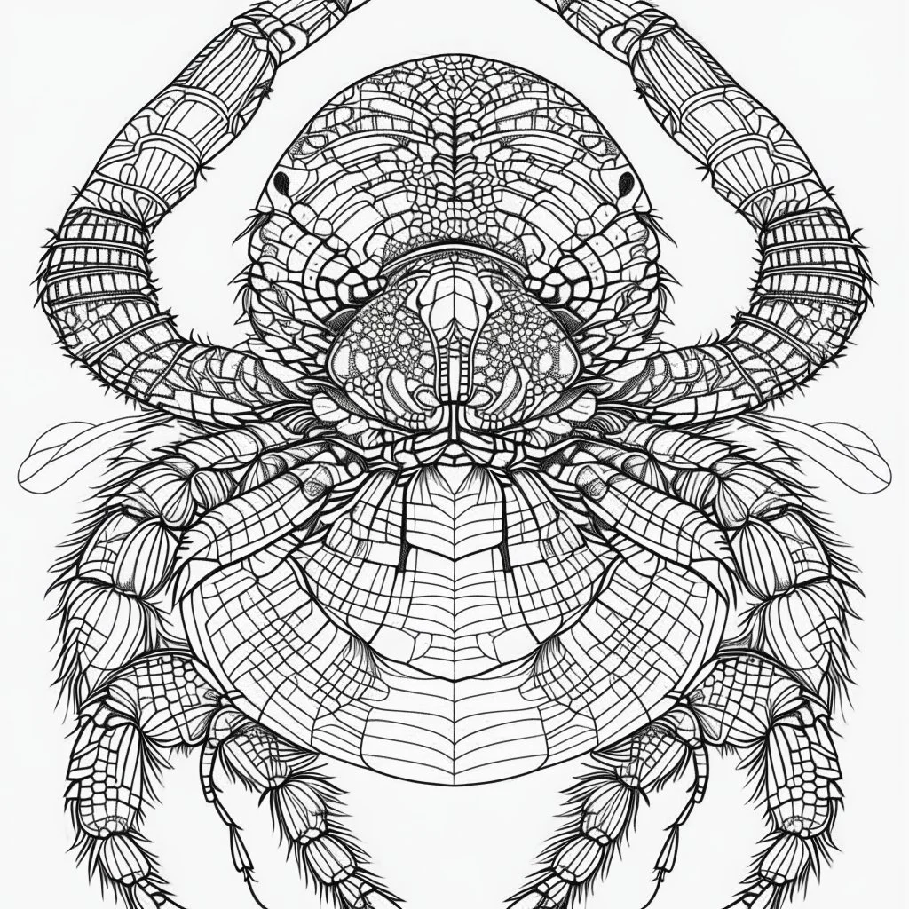 Hermit Crab, front view, mandala, minimal lines, cartoon, white back ground color, real style, realistic, minimalistic, minimal black line art, line art, crisp line art, unique coloring sheet, outlined, outline, crisp, crisp line edges, illustration, thin lines, crisp clear lines, line art, clean line art, unique, 8k, amazing, masterpiece, no colors, no dark color, no black color, avoid thick black, minimalistic line edges, pure white back ground, image character full fit to page,