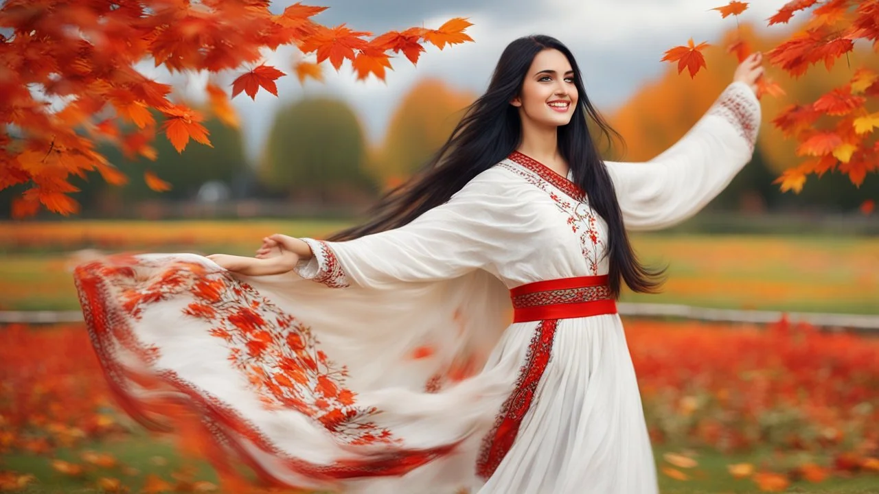 Hyper Realistic Photographic-View of Extremely-Beautiful Young Happy Pashto Girl With Long-Black-Hair-Beautiful-Eyes-&-white-frock-with-red-shawl-with-white-embroidery Whirling-&-smiling in Autumn-Weather with cloudy sky in-an-Autumn-garden-with-orange-leaves-whirling-&-grass-arches showing dramatic & cinematic ambiance.