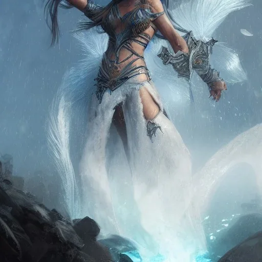 A queen warrior sun woman, beautiful face with light eyes, tropical background, waterfall, in the fantasy world , 8k resolution, ice winter fantasy concept art, by Greg Rutkowski, dynamic lighting, hyperdetailed, intricately detailed, deep, sun