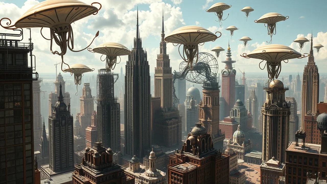 a stunningly weird image of a futuristic metropolis using Salvador Dali's paranoiac-critical method, where buildings and structures appear to melt into the skyline cityscape is filled with floating medusas and mad, twisted metal shapes that interact with the buildings and each other, forming a surreal tableau of a dreamlike reality. neu-steampunk vibe, essence of the scene in a cinematic manner, with dramatic shadows that enhance the distorted perspectives and bizarre mood
