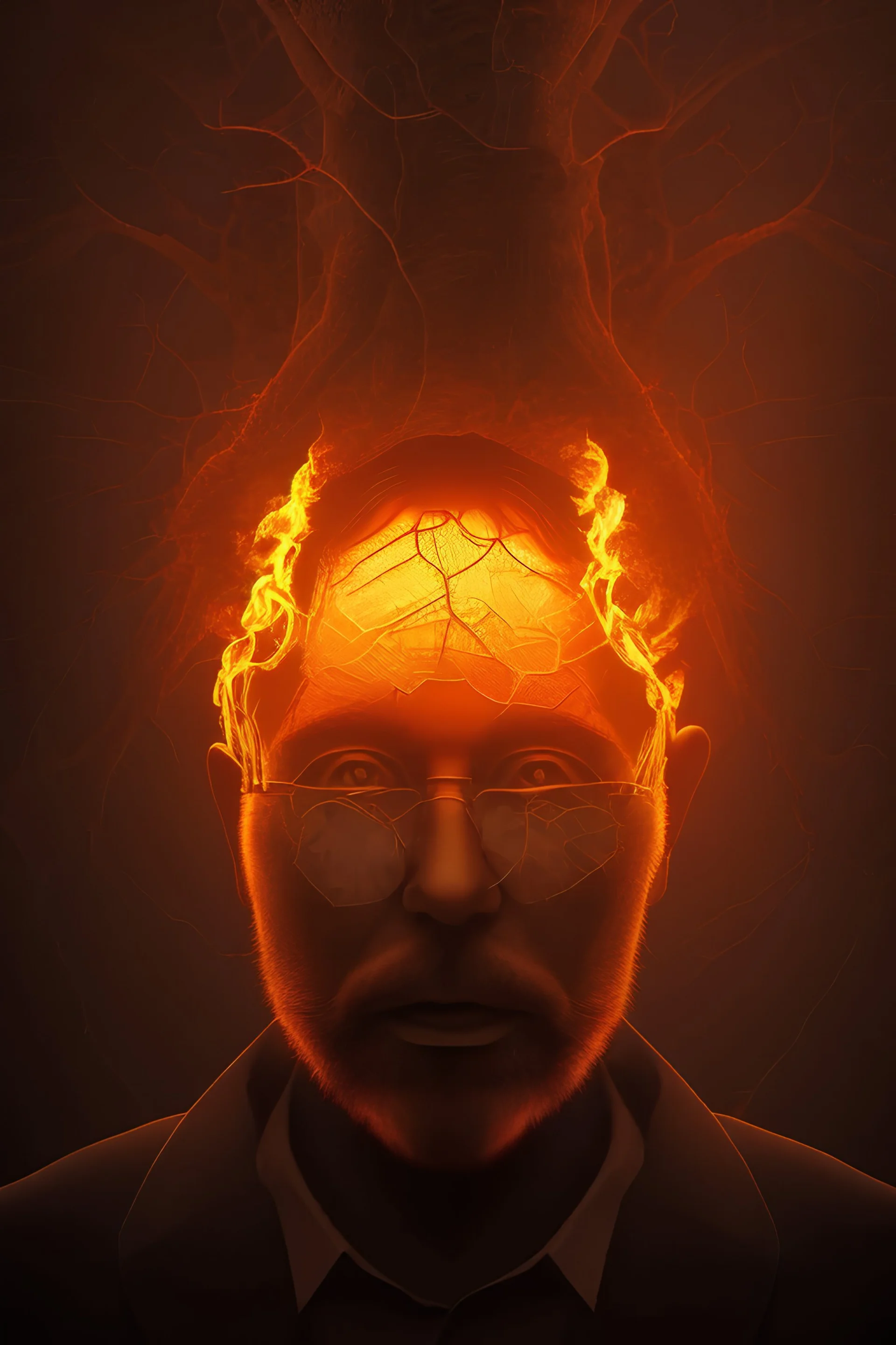 satoshi nakamoto in the bitcoin mining hole, Fire theme art, Dark moody night atmosphere, , 8K, close-up face, anatomically perfect face, oak tree roots, ignore NSFW