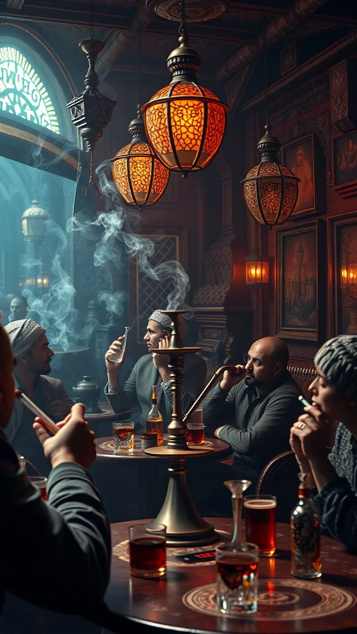 Bosch painting style nightmare , 3D , people are smoking Hookah and alcohol in a cafe with middle eastern decor on the background, high Quality picture , 8k